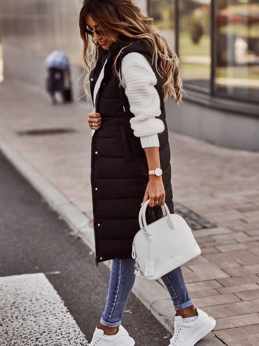 Women's Long Hooded Quilted Puffer Vest Sleeveless Zip-Up Jacket