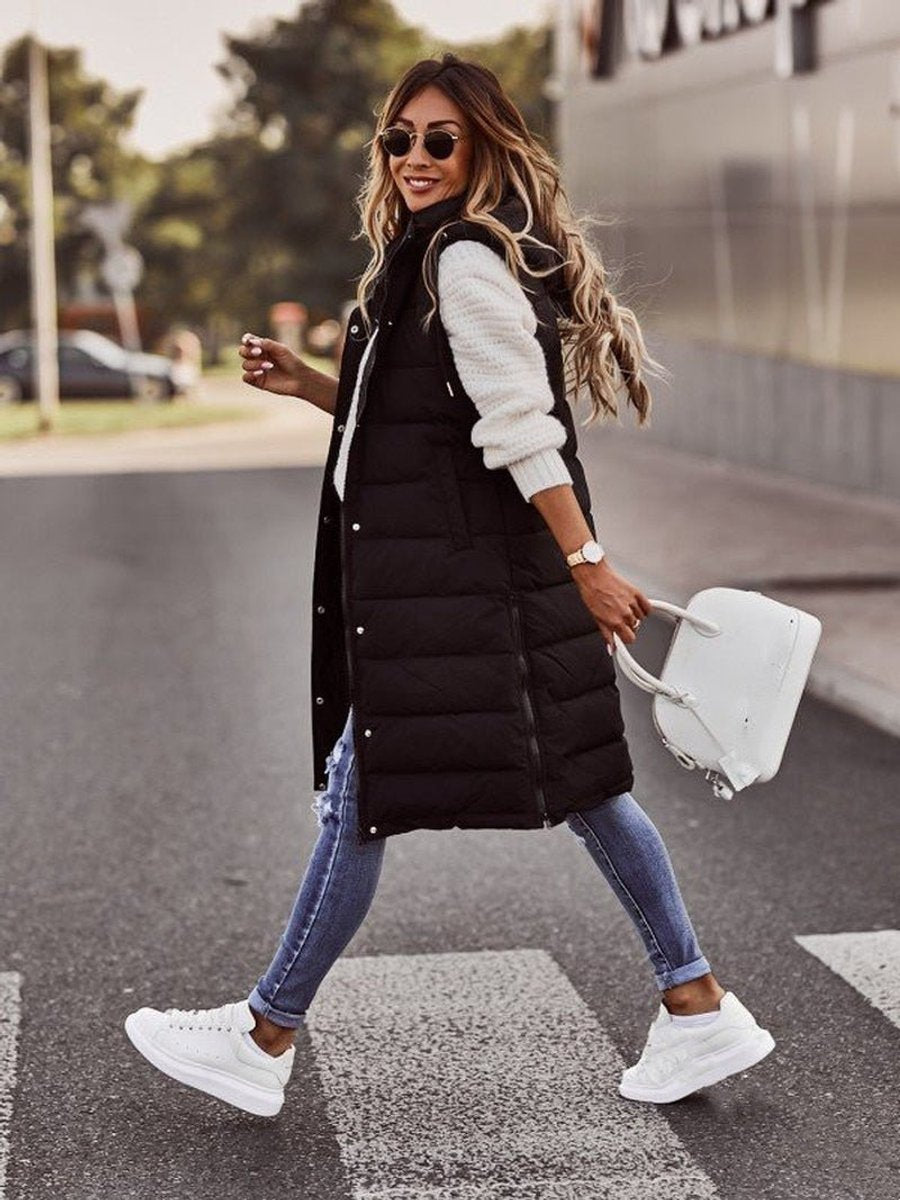 Women's Long Hooded Quilted Puffer Vest Sleeveless Zip-Up Jacket