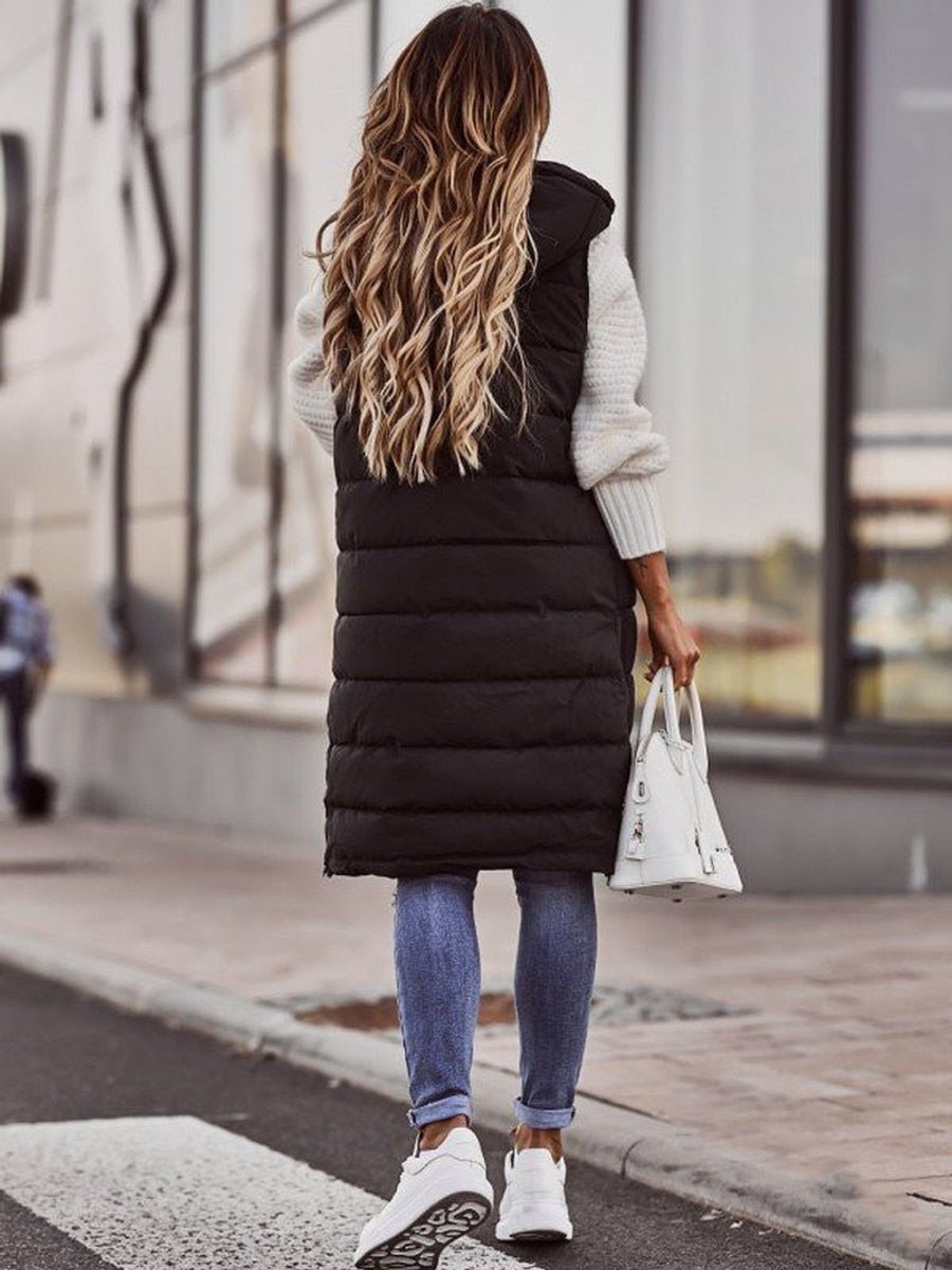 Women's Long Hooded Quilted Puffer Vest Sleeveless Zip-Up Jacket
