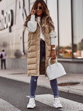Women's Long Hooded Quilted Puffer Vest Sleeveless Zip-Up Jacket - Beige