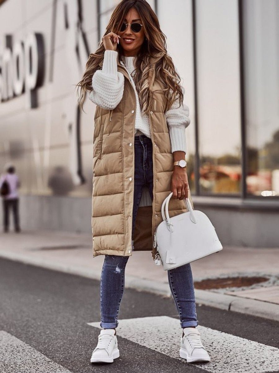 Women's Long Hooded Quilted Puffer Vest Sleeveless Zip-Up Jacket - Beige