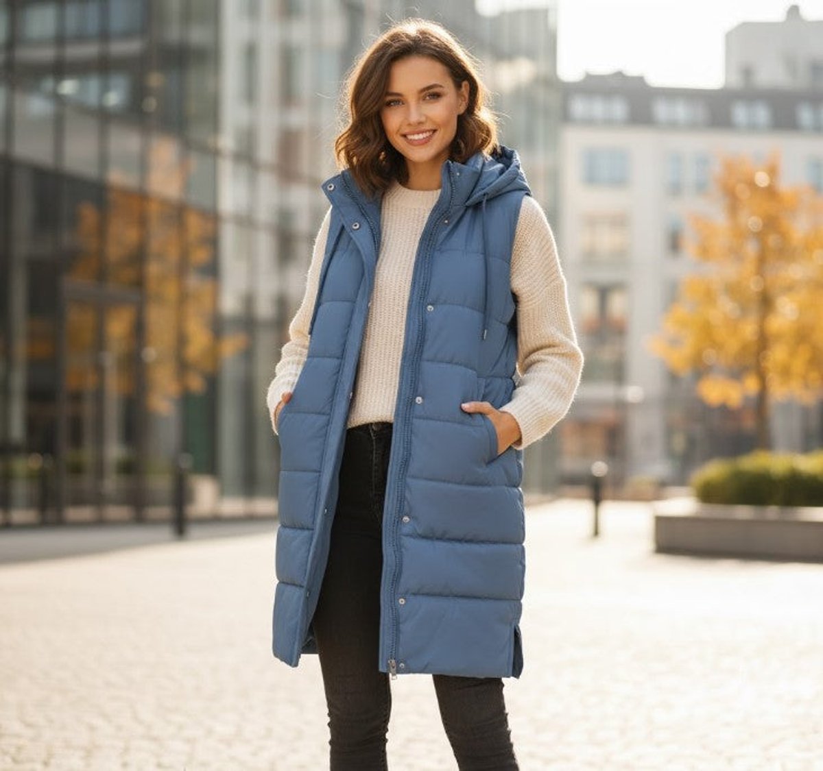 Women's Long Hooded Quilted Puffer Vest Sleeveless Zip-Up Jacket - Blue