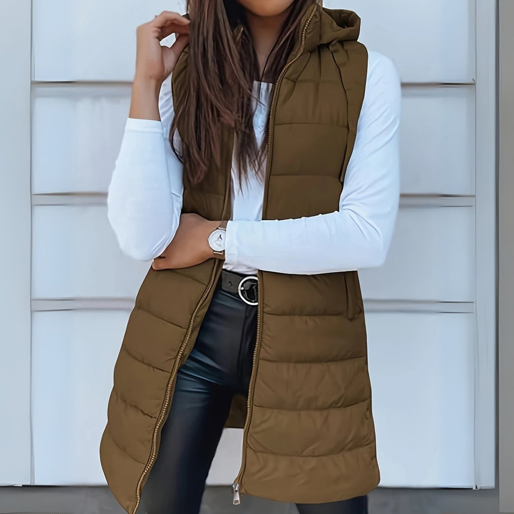 Women's Long Hooded Sleeveless Puffer Vest Lightweight Layering Jacket - Khaki