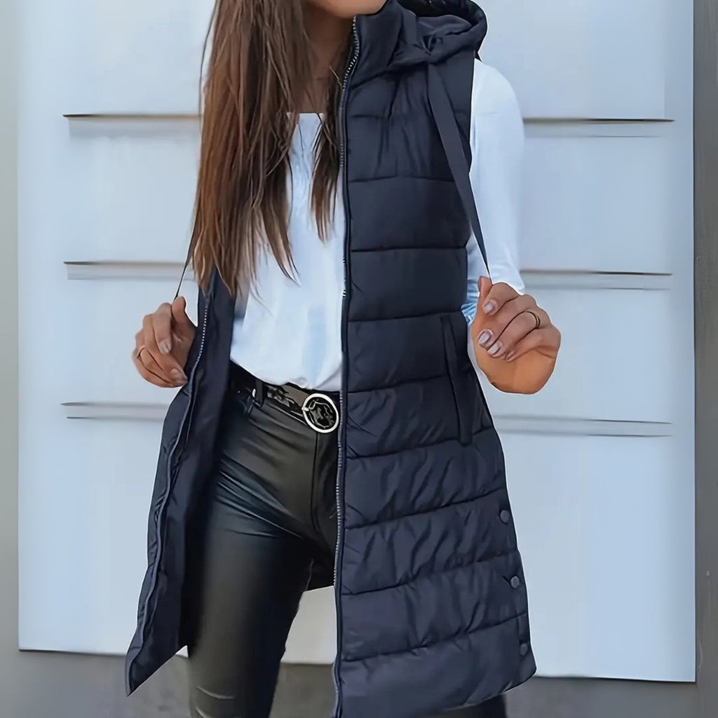 Women's Long Hooded Sleeveless Puffer Vest Lightweight Layering Jacket - Navy Blue