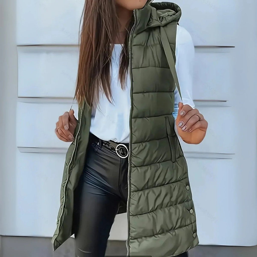 Women's Long Hooded Sleeveless Puffer Vest Lightweight Layering Jacket - Olive Green