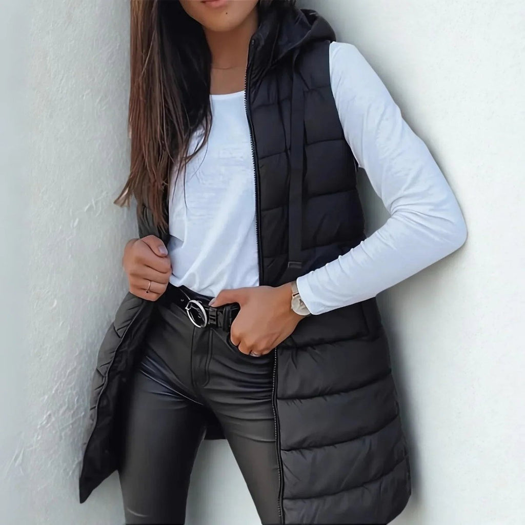 Women's Long Hooded Sleeveless Puffer Vest Lightweight Layering Jacket - Black