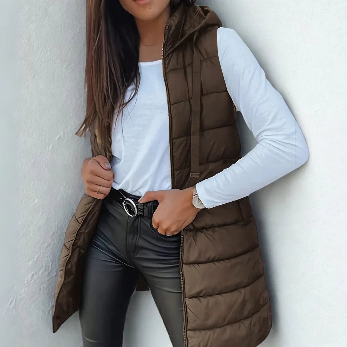 Women's Long Hooded Sleeveless Puffer Vest Lightweight Layering Jacket - Brown