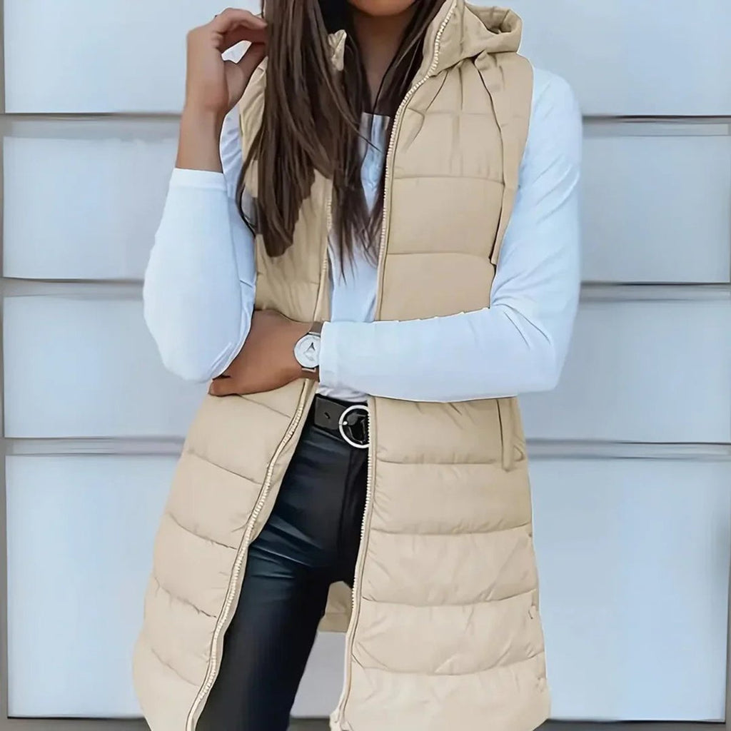 Women's Long Hooded Sleeveless Puffer Vest Lightweight Layering Jacket - Beige
