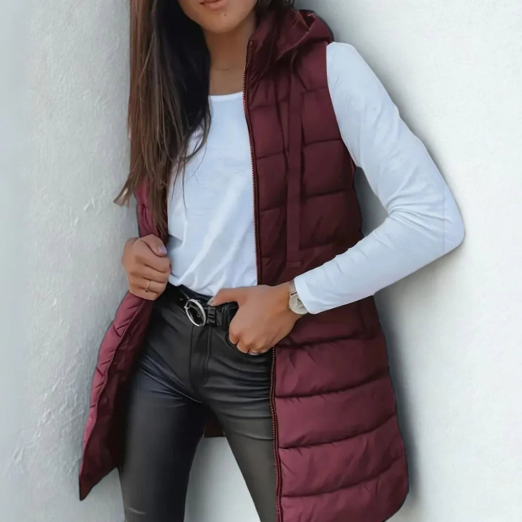 Women's Long Hooded Sleeveless Puffer Vest Lightweight Layering Jacket - Chestnut Brown