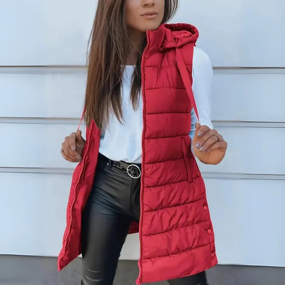 Women's Long Hooded Sleeveless Puffer Vest Lightweight Layering Jacket - Red