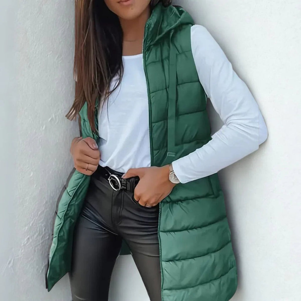 Women's Long Hooded Sleeveless Puffer Vest Lightweight Layering Jacket - Green