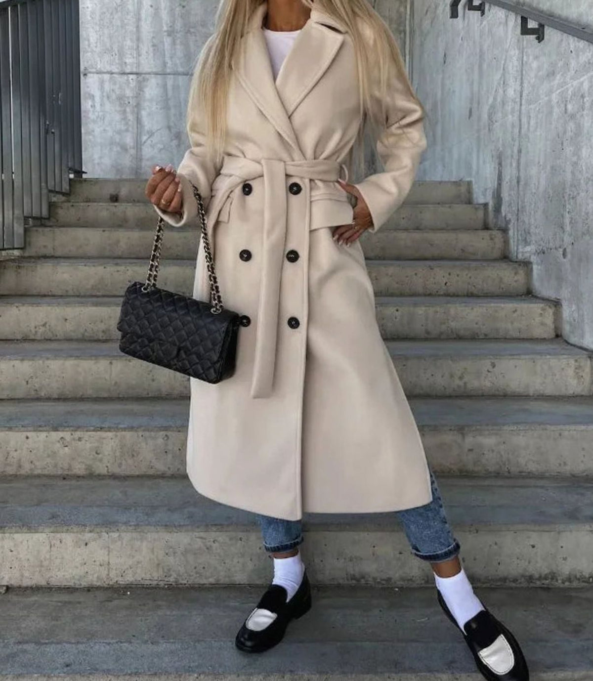 Women's Long Lapel Double-Button Front Coat - Khaki