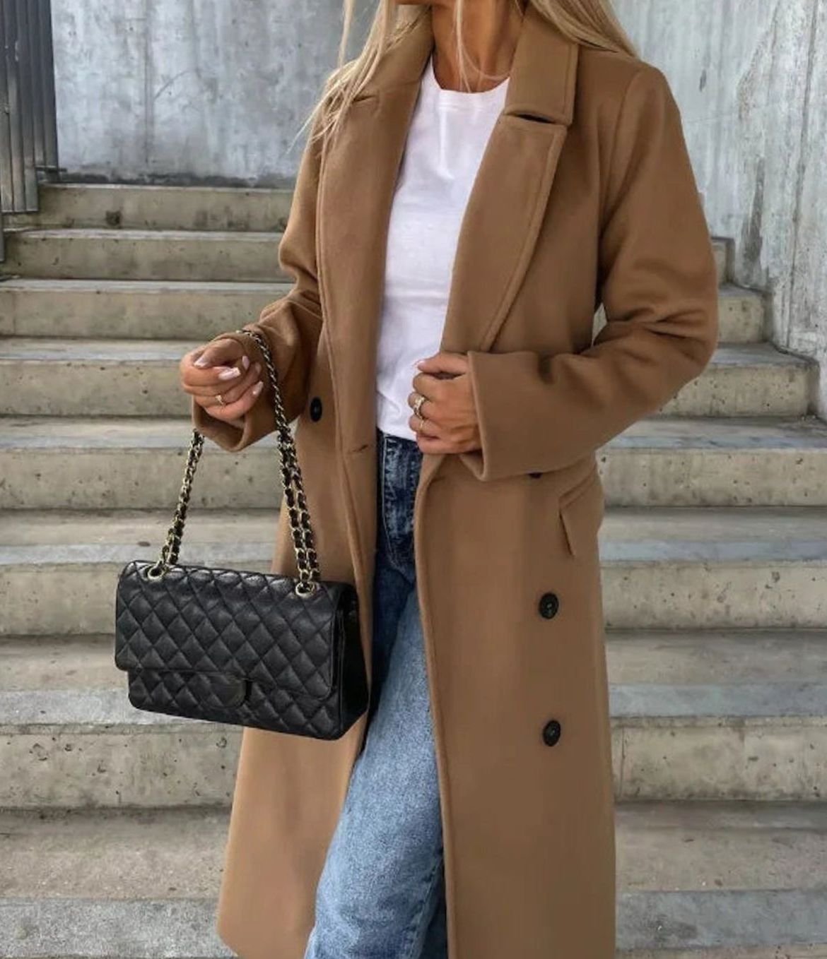 Women's Long Lapel Double-Button Front Coat - Light Brown