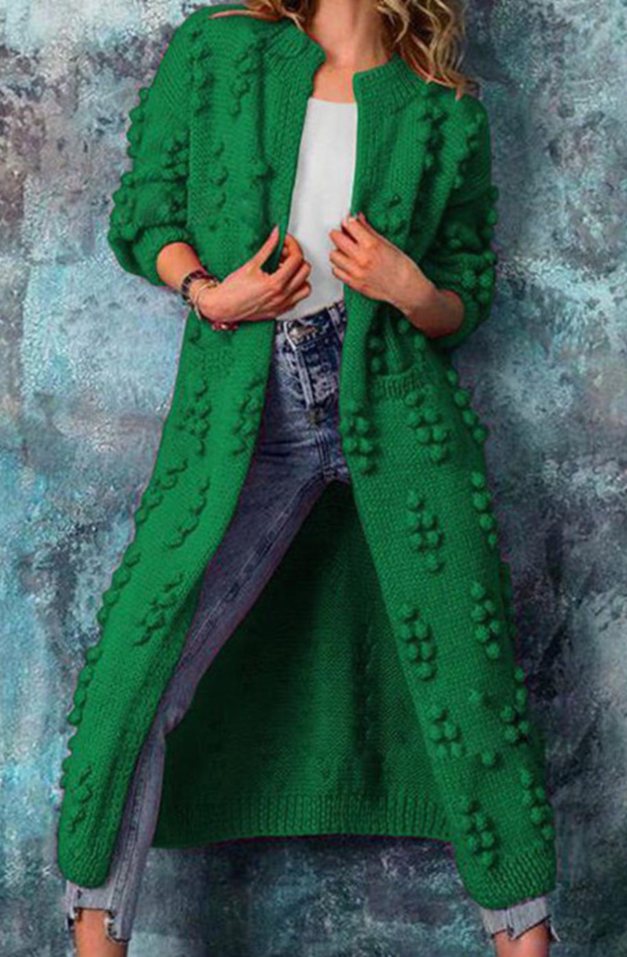 Women's Long Open-Front Pom-Pom Textured Cardigan Knit Sweater - Green