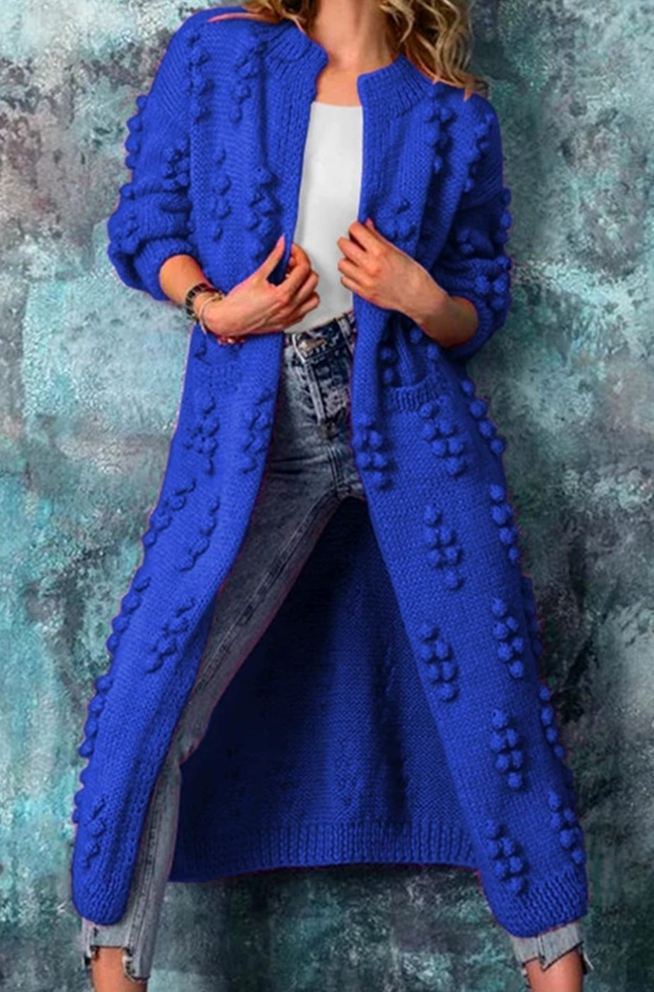 Women's Long Open-Front Pom-Pom Textured Cardigan Knit Sweater - Blue