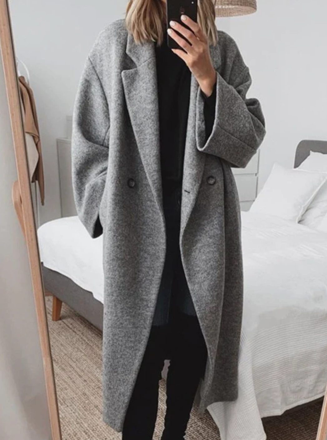 Women's Long Oversized Double-Breasted Tailored Overcoat - Gray