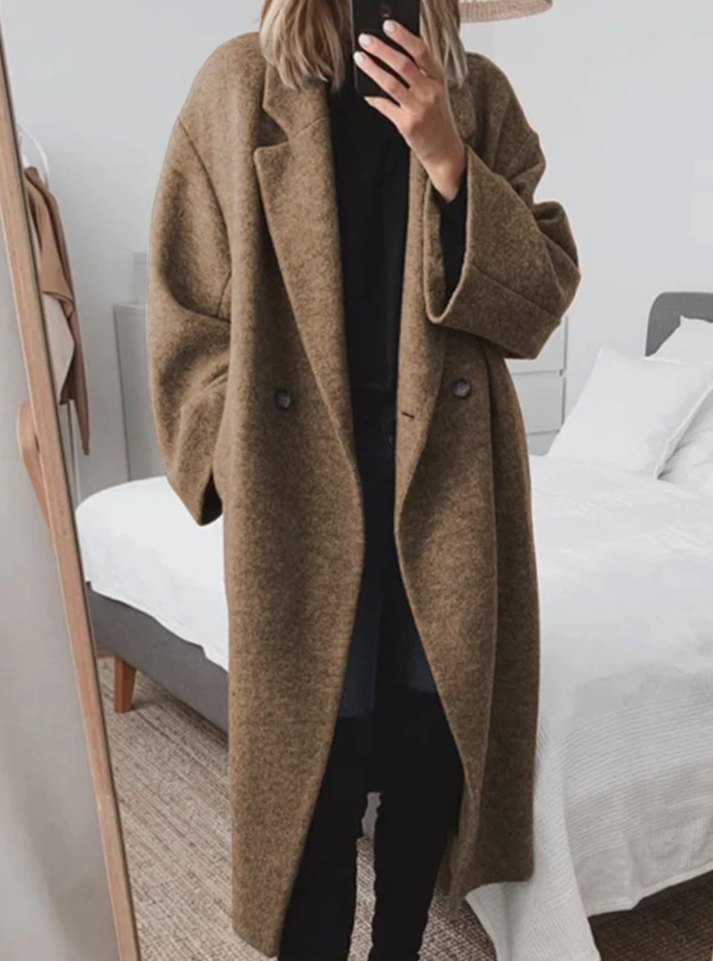 Women's Long Oversized Double-Breasted Tailored Overcoat - Brown