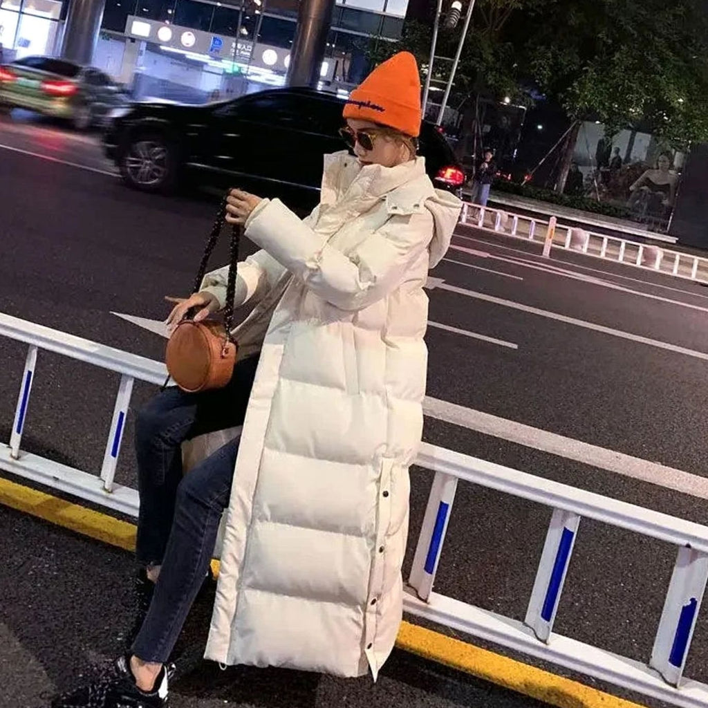 Women's Long Puffer Coat Hooded Maxi Winter Jacket - White