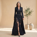 Women's Long-Sleeve Blazer-Style Satin Lace Maxi Dress - Black