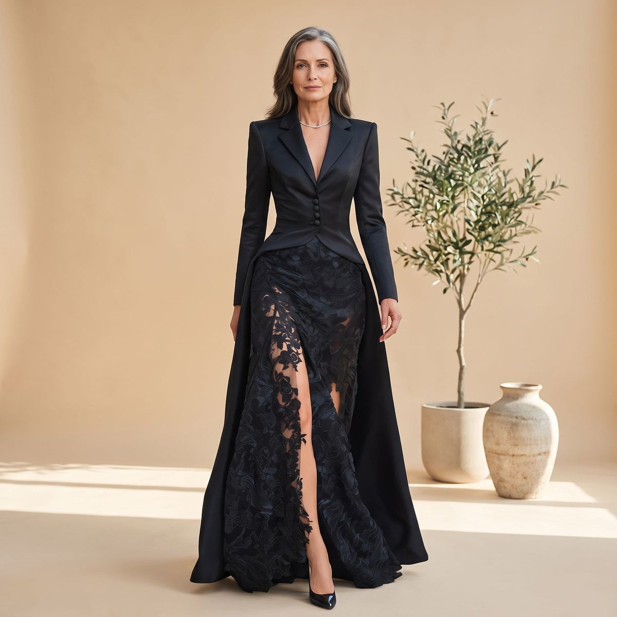 Women's Long-Sleeve Blazer-Style Satin Lace Maxi Dress - Black