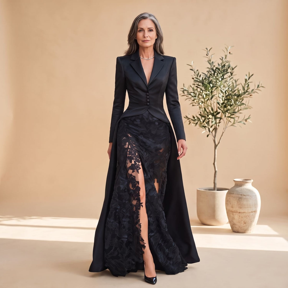 Women's Long-Sleeve Blazer-Style Satin Lace Maxi Dress