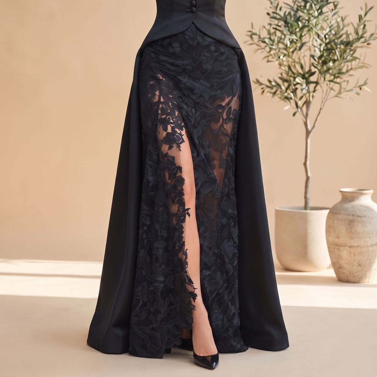 Women's Long-Sleeve Blazer-Style Satin Lace Maxi Dress