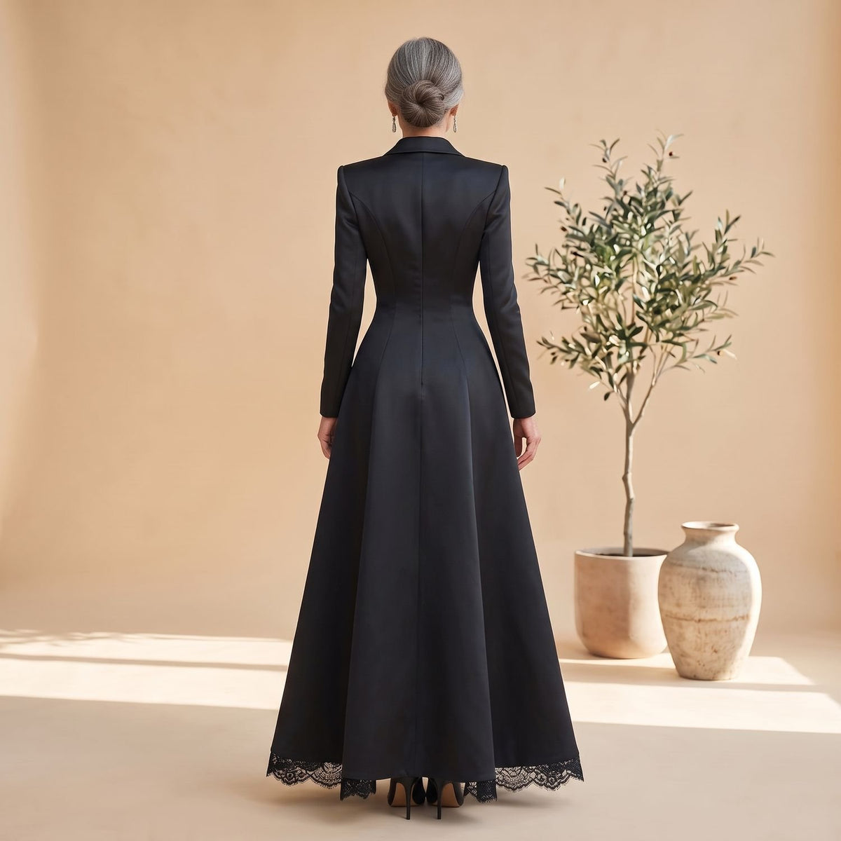 Women's Long-Sleeve Blazer-Style Satin Lace Maxi Dress