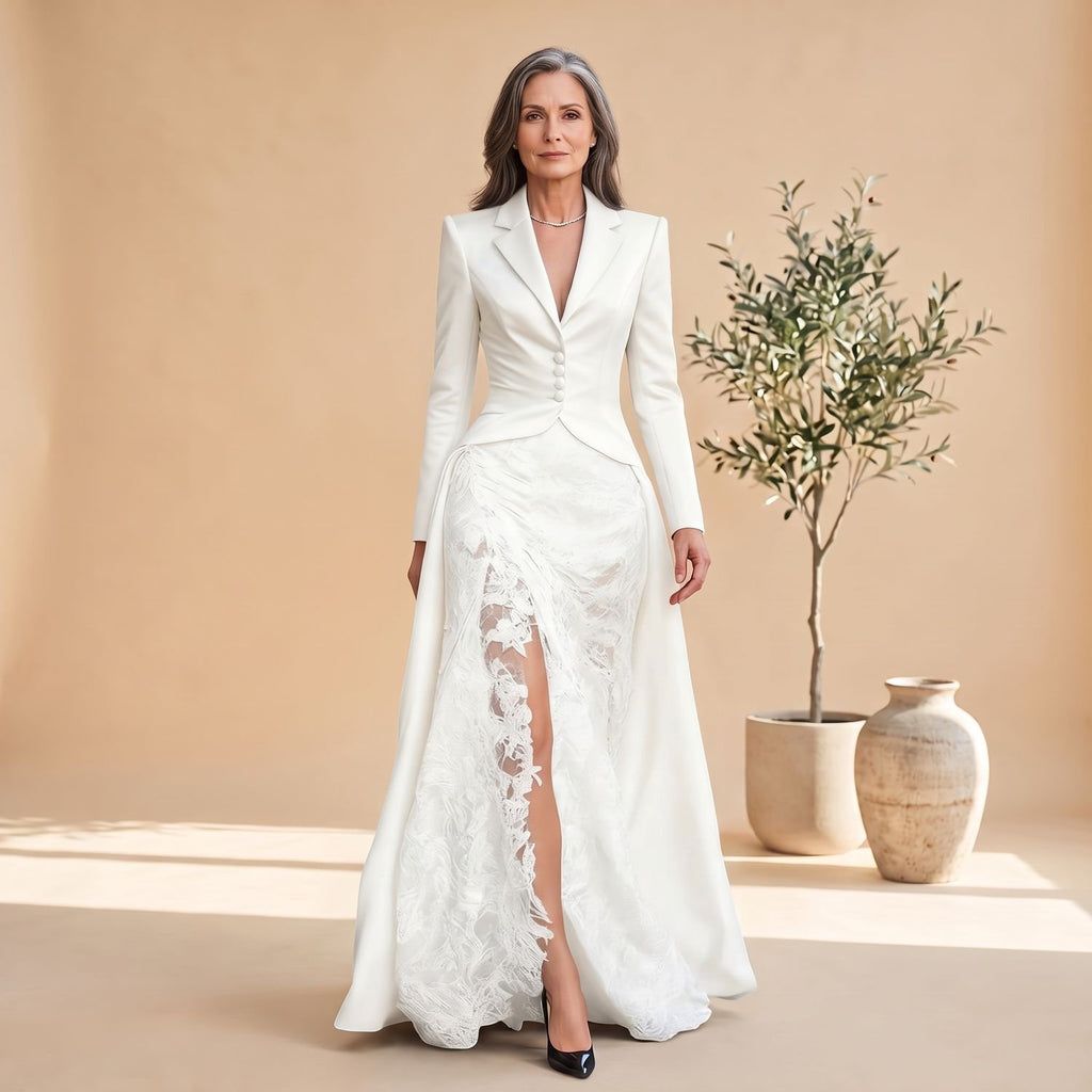 Women's Long-Sleeve Blazer-Style Satin Lace Maxi Dress - White