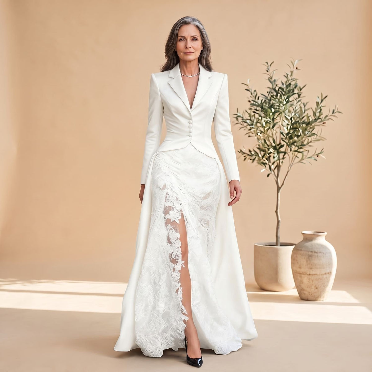 Women's Long-Sleeve Blazer-Style Satin Lace Maxi Dress - White