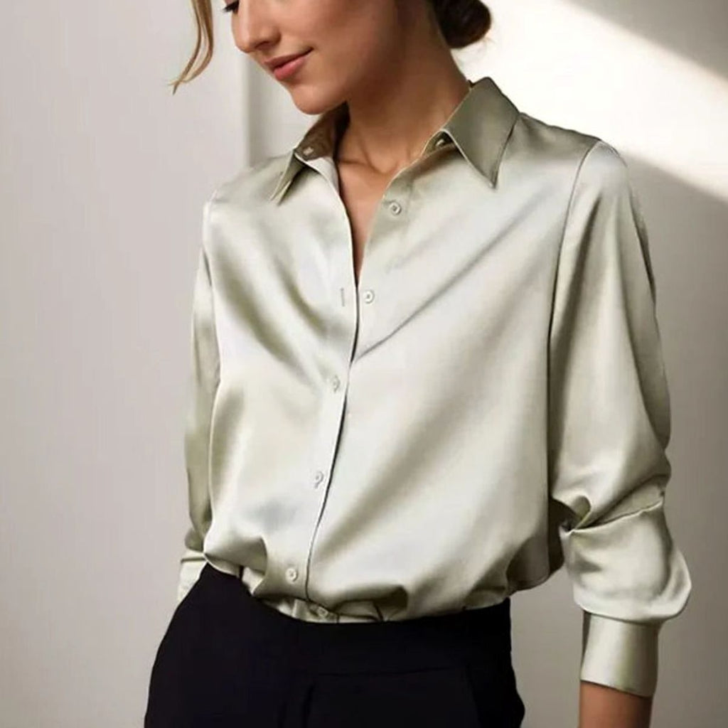 Women's Long Sleeve Button-Down Satin Blouses Collared Top - Green