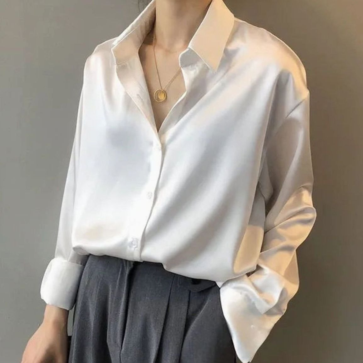 Women's Long Sleeve Button-Down Satin Blouses Collared Top - White
