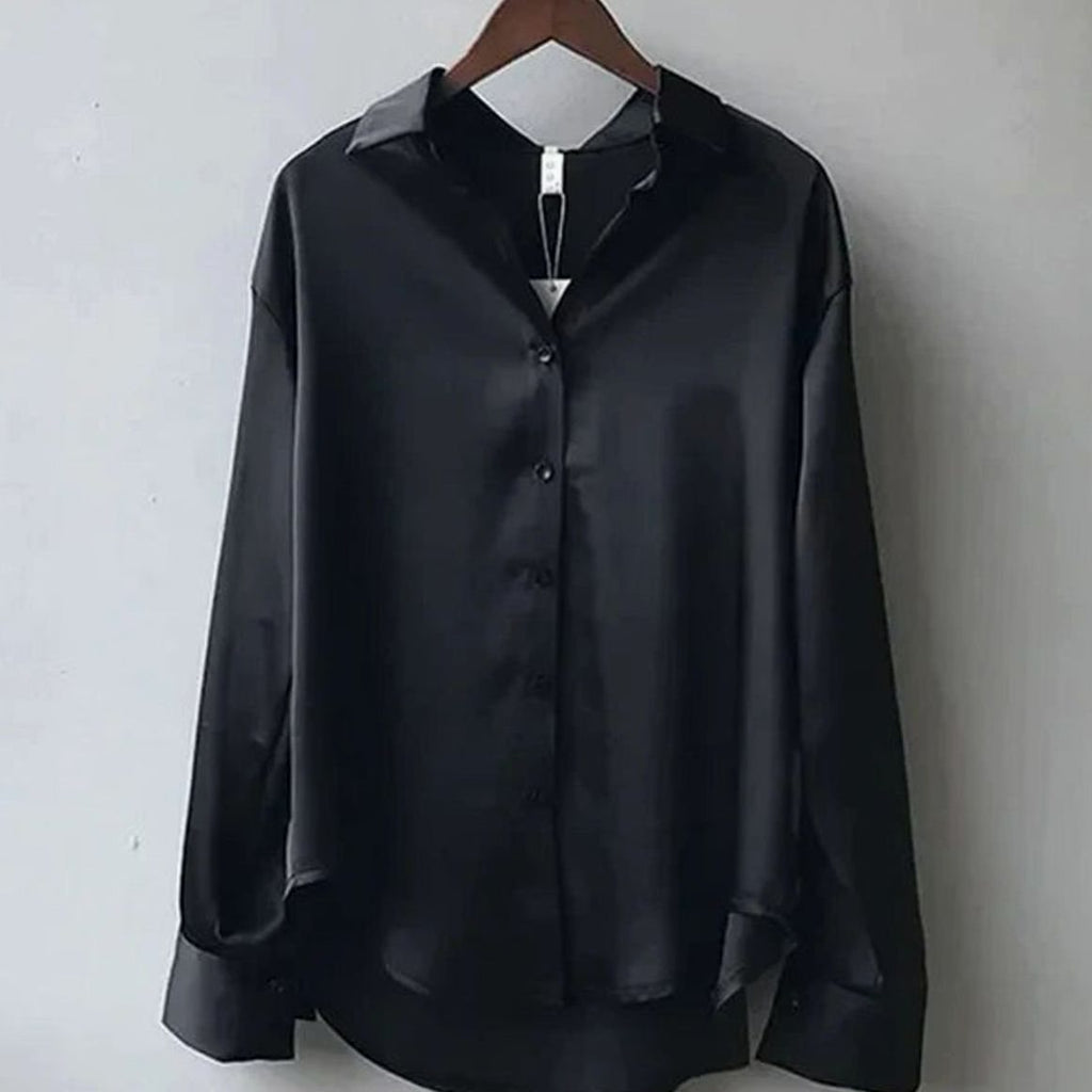 Women's Long Sleeve Button-Down Satin Blouses Collared Top - Black