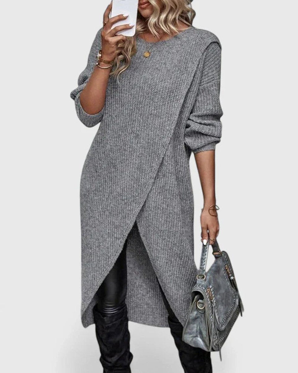 Women's Long-Sleeve Crossover Knit Sweater Dress - Gray