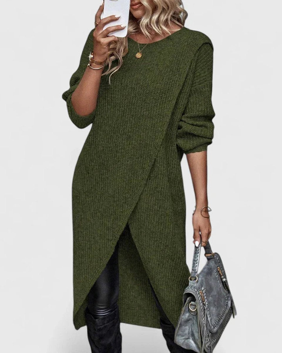 Women's Long-Sleeve Crossover Knit Sweater Dress - Green