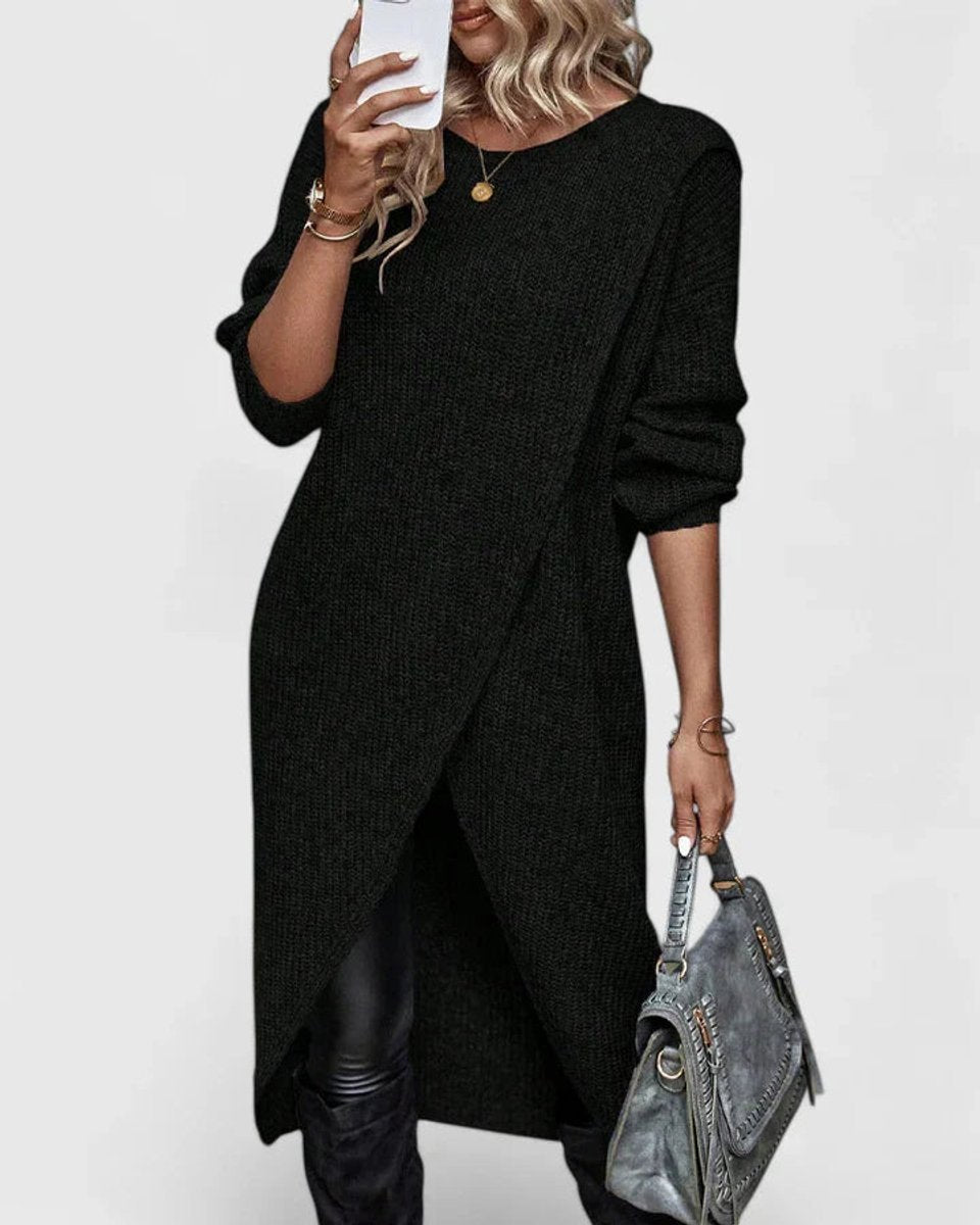 Women's Long-Sleeve Crossover Knit Sweater Dress - Black