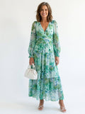 Women's Long Sleeve Floral Maxi Dress V-Neck Tiered - Green
