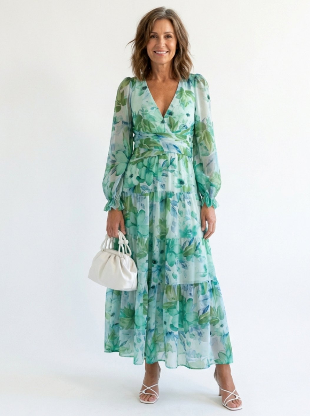 Women's Long Sleeve Floral Maxi Dress V-Neck Tiered - Green