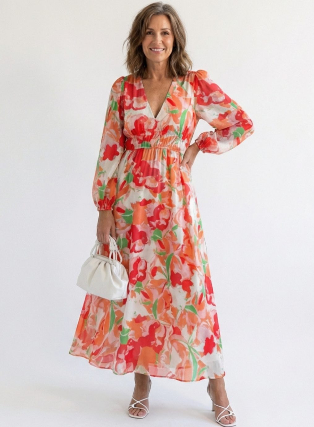 Women's Long Sleeve Floral Maxi Dress V-Neck Tiered - Orange