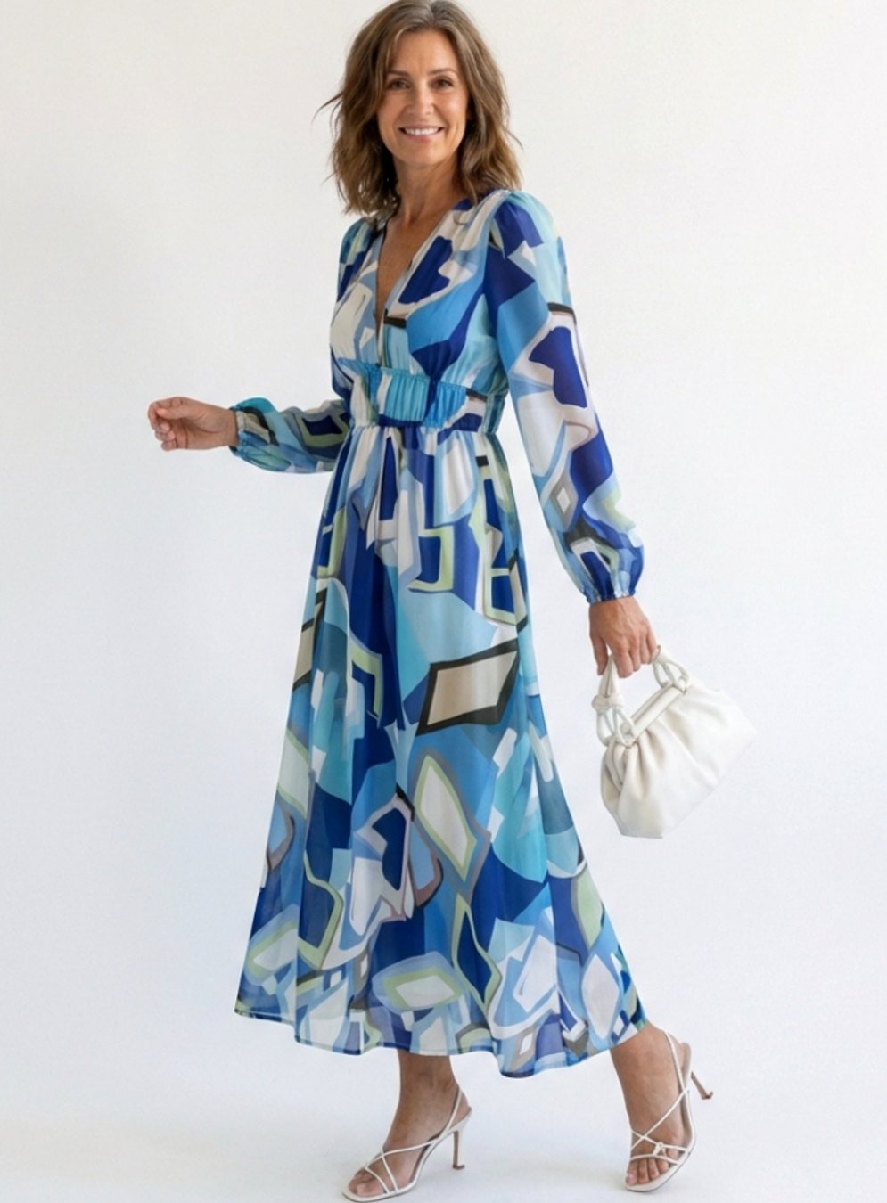 Women's Long Sleeve Floral Maxi Dress V-Neck Tiered - Blue