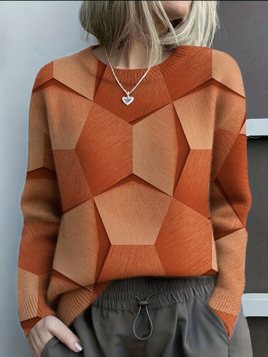 Women's Long Sleeve Geometric Print Knit Sweater Crew Neck Pullover - Orange