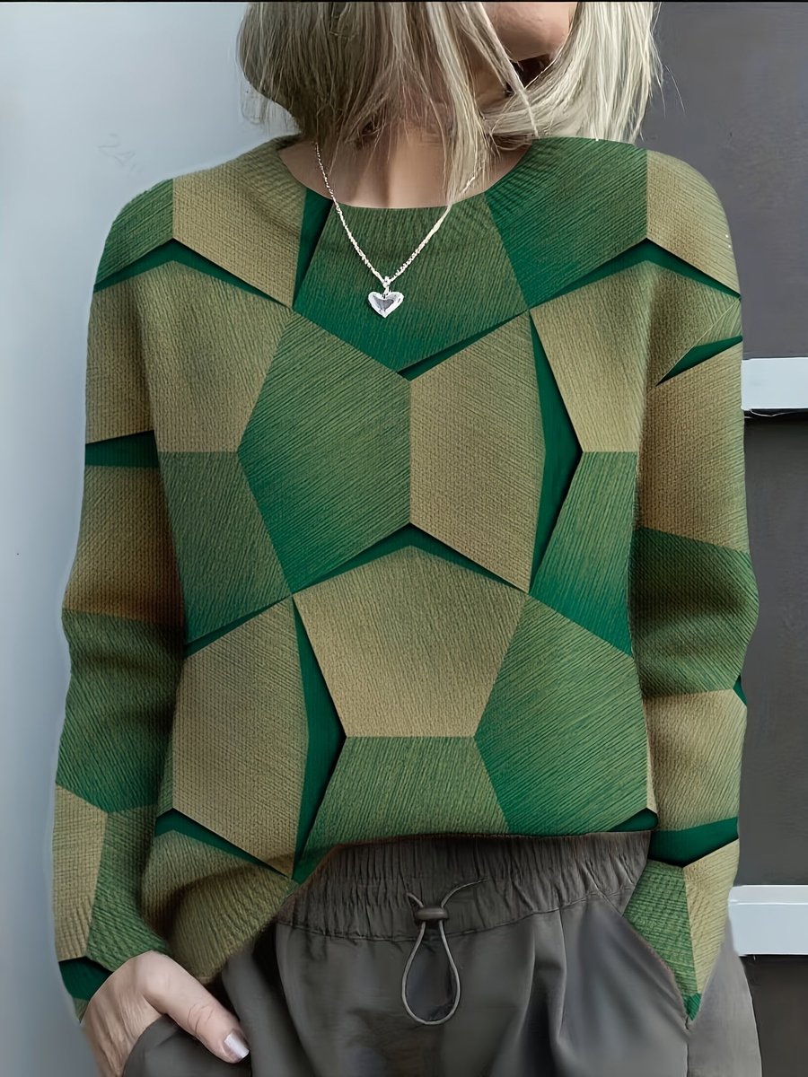Women's Long Sleeve Geometric Print Knit Sweater Crew Neck Pullover - Green