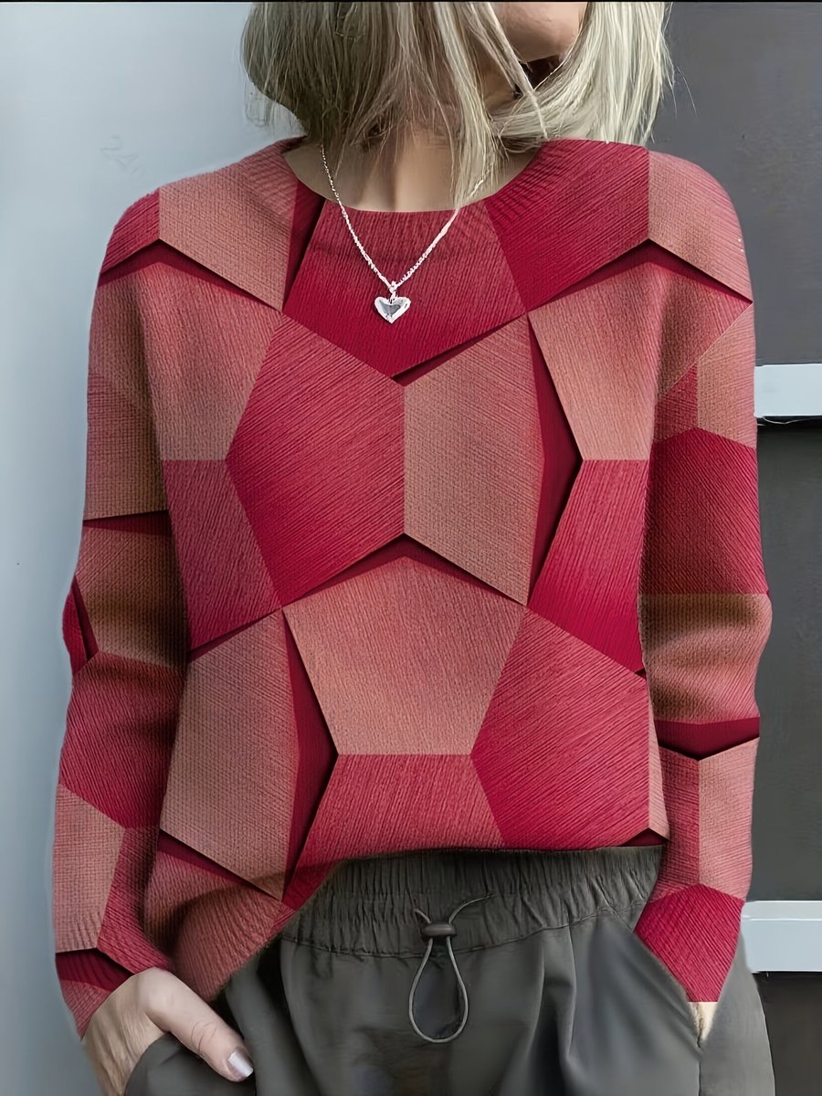 Women's Long Sleeve Geometric Print Knit Sweater Crew Neck Pullover - Red