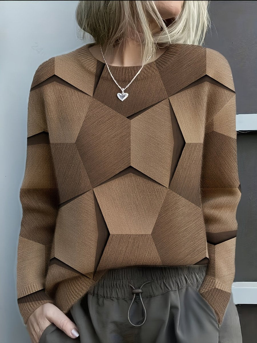 Women's Long Sleeve Geometric Print Knit Sweater Crew Neck Pullover - Brown
