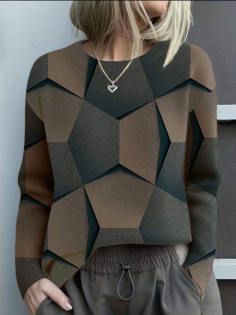 Women's Long Sleeve Geometric Print Knit Sweater Crew Neck Pullover - Black