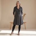 Women's Long Sleeve Geometric Print Lapel Collar Swing Dress - Black
