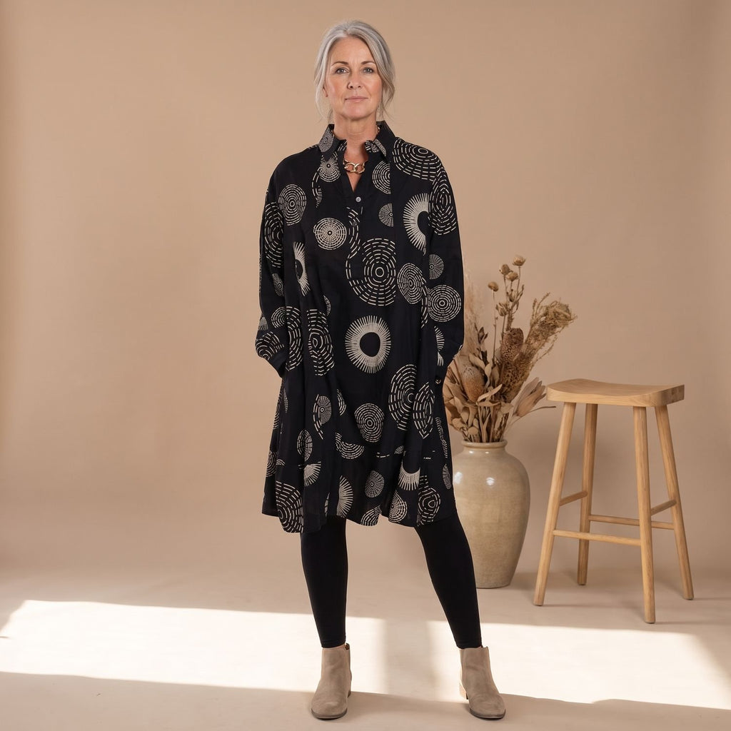 Women's Long Sleeve Geometric Print Lapel Collar Swing Dress