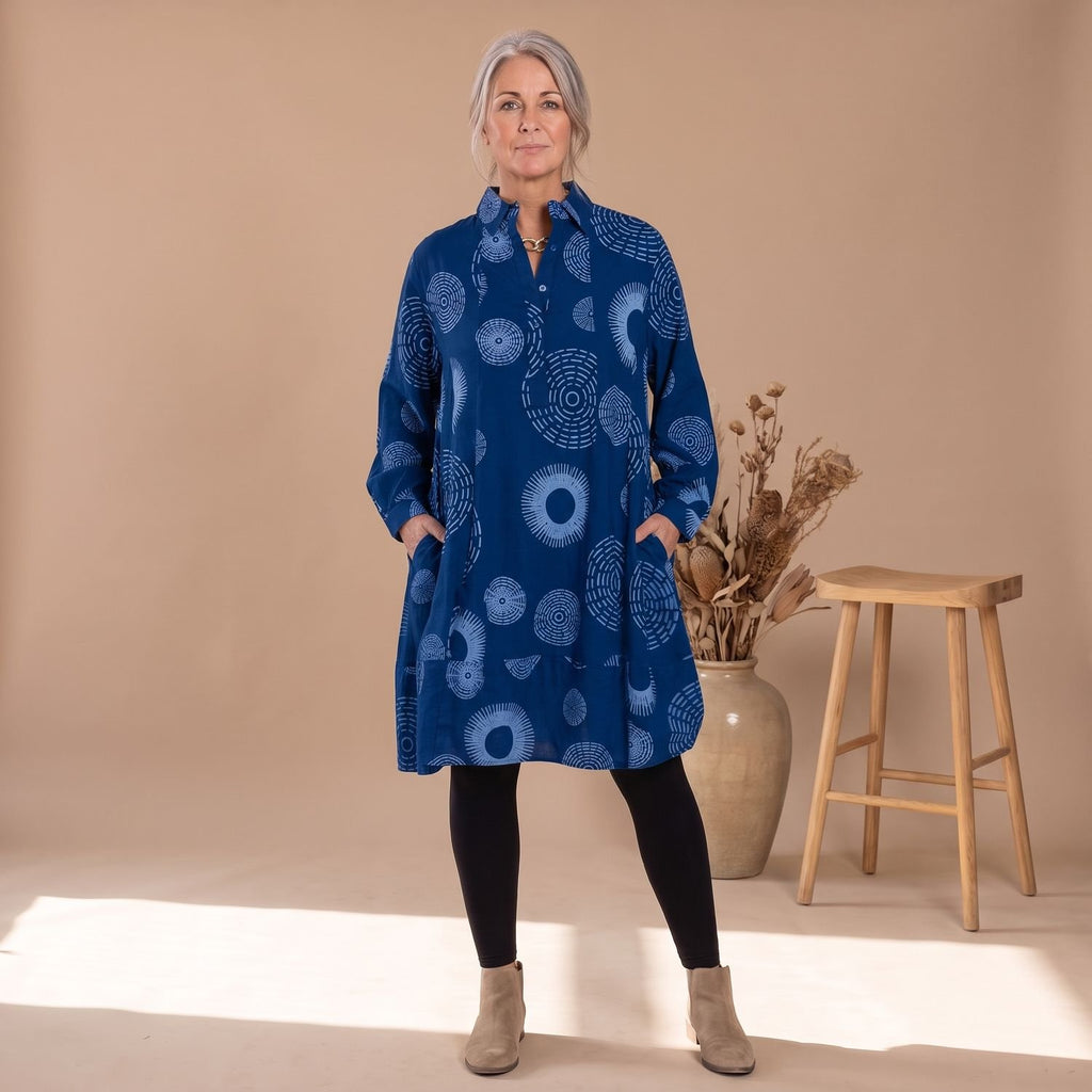 Women's Long Sleeve Geometric Print Lapel Collar Swing Dress - Blue