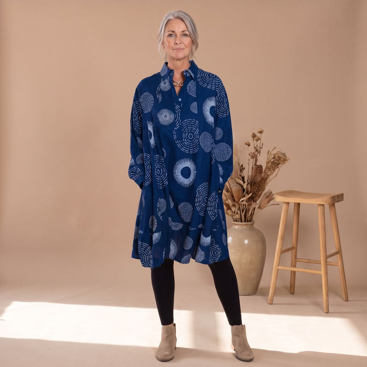 Women's Long Sleeve Geometric Print Lapel Collar Swing Dress