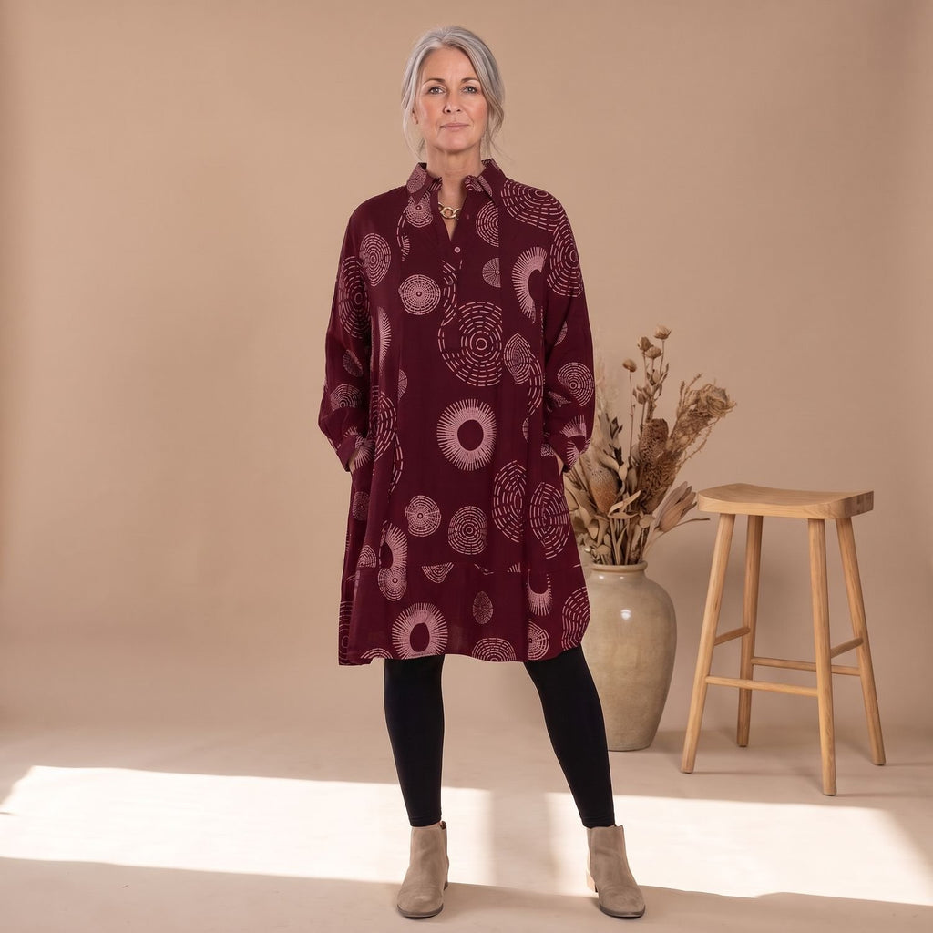 Women's Long Sleeve Geometric Print Lapel Collar Swing Dress - Red
