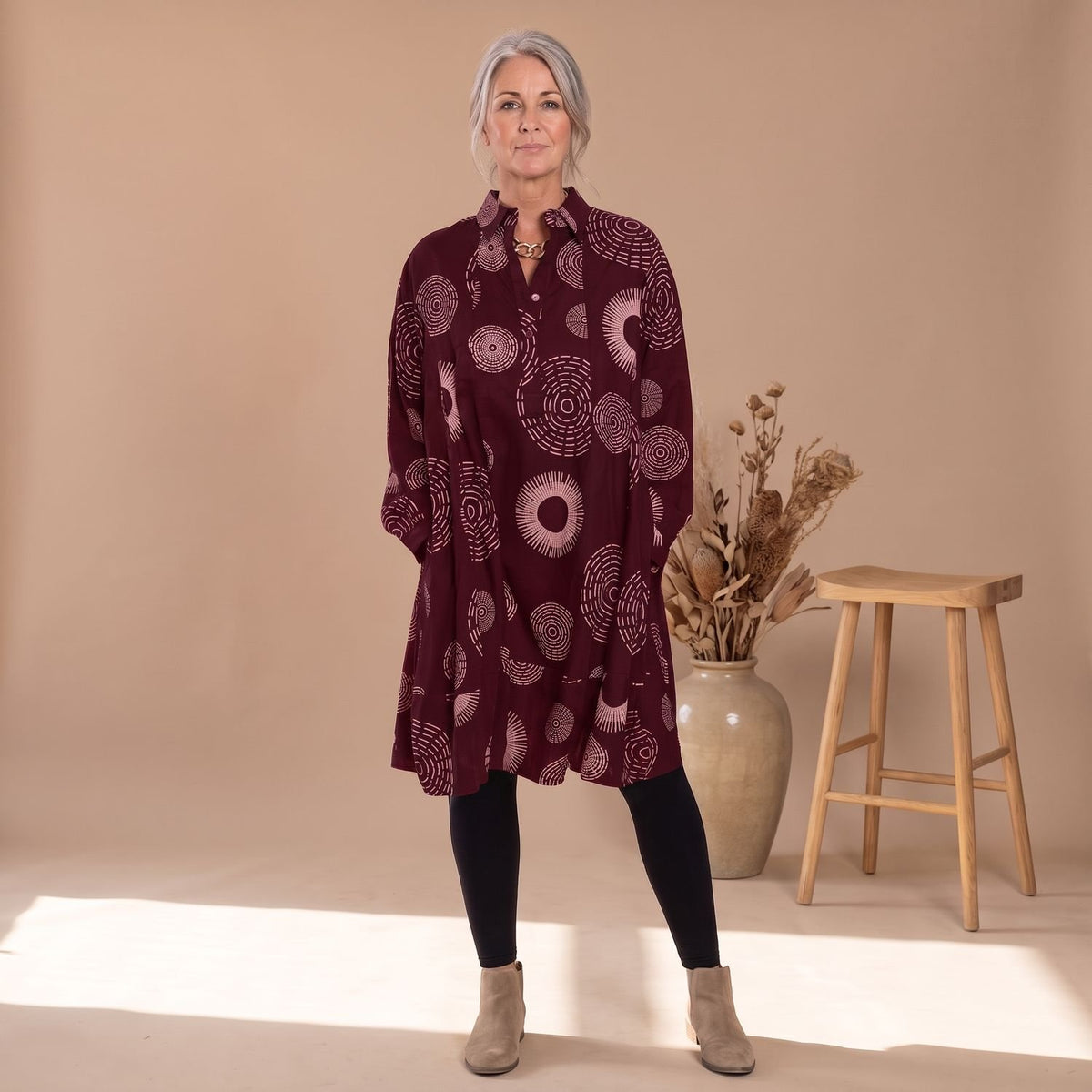 Women's Long Sleeve Geometric Print Lapel Collar Swing Dress